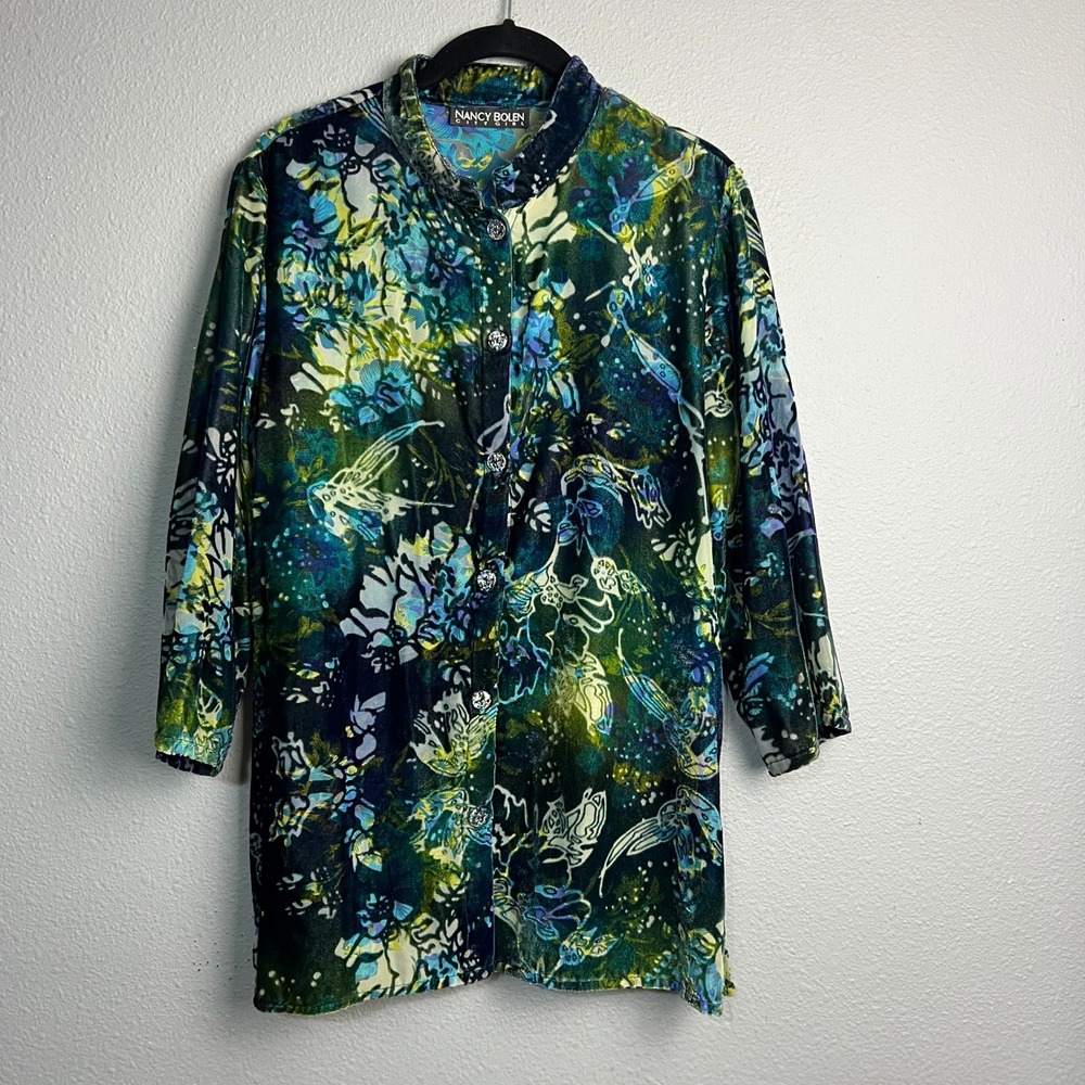 Nancy Bolen City Girl Floral Abstract Burnt Velvet Artsy L/SL‎ Button Down Tunic